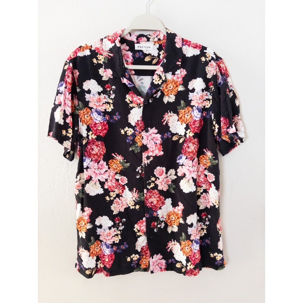 PacSun Womens Floral Short Sleeve Button Down Shirt Black Pink Orange Rayon M
